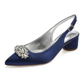 Generic Wedding Shoes Womens Low Heels Pointed Toe Bridal Heels Comfortable Satin Chunky Heels Prom Party Dress Shoes 4.5Cm,Dark Blue,7 UK