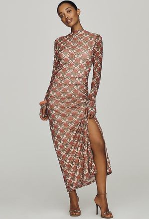 Farm Rio Long-Sleeve Mock-Neck Mesh Slim Midi Dress