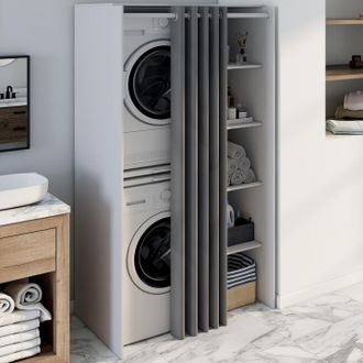 IDMarket Mueble Doble Para Lavadora Con Cortina Corredera Blanca Wallis Gris