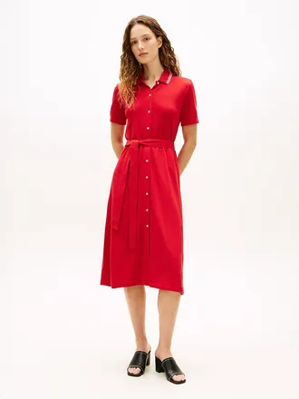 Tommy Hilfiger Womens Belted Tipped Midi Polo Dress - Red - XXL