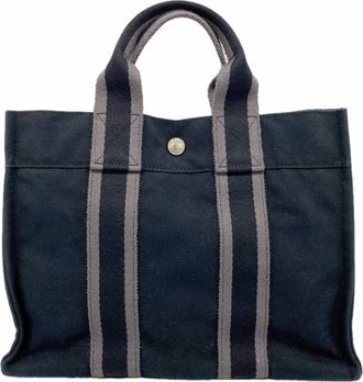 Herm&egrave;s Black Gray Canvas Tote Bag (Pre-Owned)