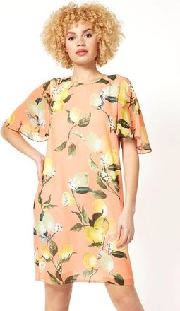 Roman Lemon Print Angel Sleeve Chiffon Shift Dress