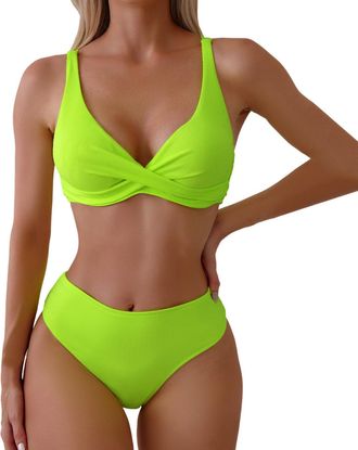 Generic Bikini Womens Set Tummy Control Bikini for Women Push Up Swimsuit Sets with Bra and Trousers Swimwear Sexy Black Blue Green Bikini Sets High Waist Pla