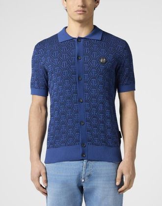 Philipp Plein Buttoned-Up Polo Shirt Jacquard Monogram Men in Navy at Nordstrom, Size Xxx-Large