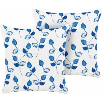 Beliani Set di 2 cuscini da giardino con federa in tessuto bianco e blu con motivo con foglie 45 x 45 cm Torbora
