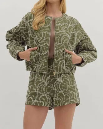 Entro Floral Embroidered Jacket In Olive