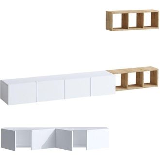 Calicosy Calicosy - Mueble de tv 4 puertas blanco con estantería de roble L215 cm - pia