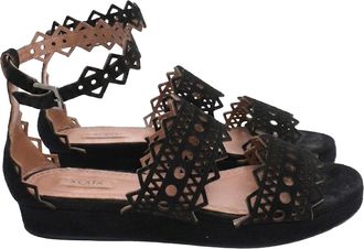 Alaia Laser Cut Open Toe Flat Sandals in Black Suede