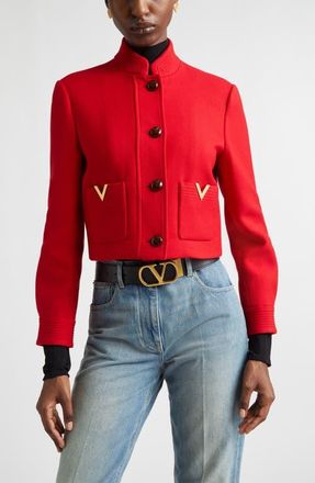 Valentino V-Detail Wool & Silk Double Drill Jacket in Deep Red at Nordstrom, Size 4 Us