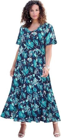 Roaman's Plus Size Hand Crinkled Flutter Sleeve Maxi Dress in Navy Painted Floral at Nordstrom, Size 44