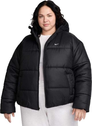 Nike Dames-pufferjas met capuchon en Swoosh-logo (Zwart, Wit)