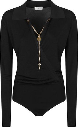 Elisabetta Franchi Long-Sleeve Chain Detail Viscose V-Neck Bodysuit