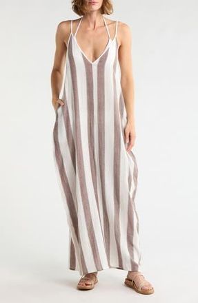 Elan Stripe Cotton Cover-Up Maxi Dress in White/brown Stripe at Nordstrom Rack, Size X-Large