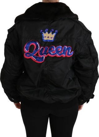 Dolce & Gabbana Womens Black Queen Crown Sequined Bomber Jacket Nylon Clothing