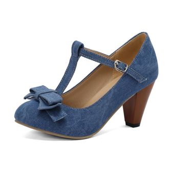 Generic Women Denim T Strap Pumps Round Toe Pointed Heel Bow Decor Adjustable Buckle Ankle Strap Non Slip Durable Comfortable Dress Party Shoes,Blue,10.5 UK