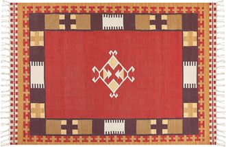 Beliani Alfombra Kilim De Algod&oacute;n Rojo Marr&oacute;n Beige 160 X 230 Cm A Mano Geom&eacute;trico Borlas Parakar
