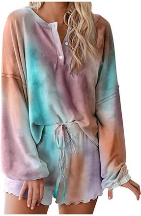 Generic Women Pyjamas Set Cotton Long Pajamas Tie-Dye Loungewear Nightwear Sleepwear Top & Bottoms Outfits Tie Dye Casual Nightwear