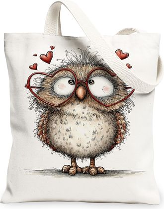 Generic Cute Owl Canvas Tote Bags, Adorable Bird Design Reusable Grocery Bags, Lightweight Washable Shoulder Strap Canvas for Trave, White, 13x15 Inch