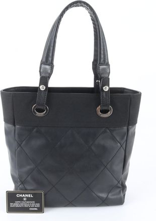 Chanel Black Leather Canvas Shoulder Bag Tote Bag (Pre-Owned)