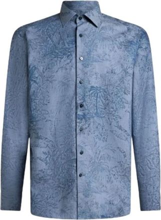 Etro Tone-On-Tone Safari-Print Overhemd - Heren - Casual Overhemden - Blauw - XL - Katoen - Overhemden
