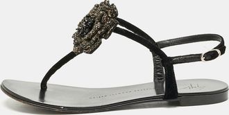 Giuseppe Zanotti Black Velvet Crystal Embellished Flower Flat Thong Sandals