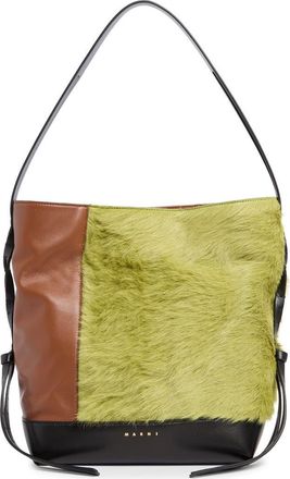 Marni Small Leather & Genuine Calf Hair Hobo Bag in Zp051 Citronelle/Moca/Black at Nordstrom