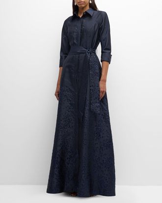 Teri Jon Metallic Jacquard Shirt Gown