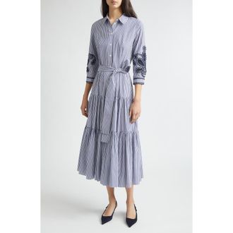 Carolina Herrera Embroidered Stripe Cotton Shirtdress in White/Blue at Nordstrom, Size 16