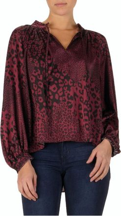 Elan Mixed Leopard Print Blouse In Burgundy