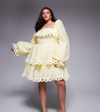 Asos Curve - Vestito corto a balze color latticello con maniche a sbuffo e finiture con cut-out-Giallo