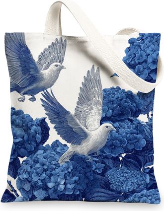 Generic Vintage Floral Canvas Tote Bag, Decorative Bird Pattern Reusable Grocery Bags, Lightweight Washable Shoulder Strap Canvas B, Blue, 13x15 Inch