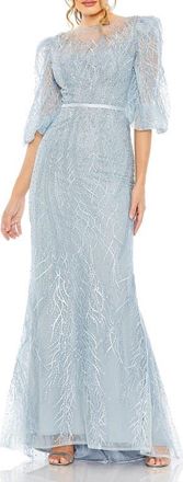 Mac Duggal Embroidered Beaded Boat Neck Gown with Illusion Puff Sleeves in Ice Blue at Nordstrom, Size 16