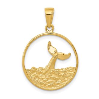 Diamond2Deal 14k Yellow Gold Whale Tail in Circle with Waves Pendant