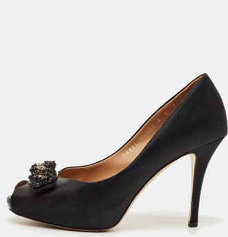 Ferragamo Black Satin Vara Bow Peep Toe Pumps