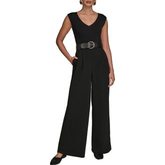 DKNY Sleeveless Belted Mixed Media Jumpsuit in Black/black at Nordstrom, Size 12