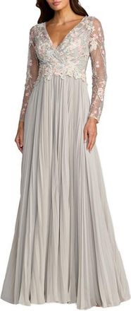 Mac Duggal Womens Embroidered Long Sleeve V Neck Pleated Gown in Platinum Multi at Nordstrom, Size 14