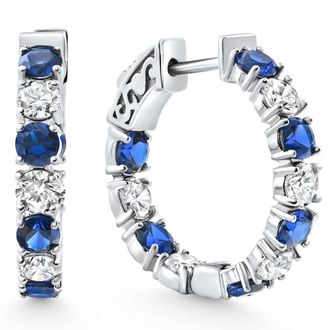 Pompeii3 4 1/2Ct Blue Sapphire & Diamond Hoops White or Yellow Gold Lab Grown 1 Tall