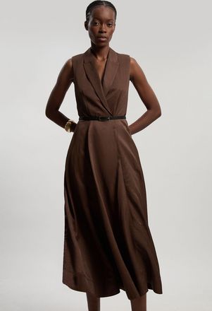 Karen Millen Womens Premium Viscose Linen Tailored Belted Full Skirted Midi Dress - Chocolate - Size 14 UK