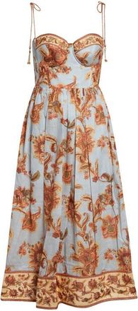 Zimmermann Aster Border Print Corset Midi Sundress in Blue Jacobean at Nordstrom, Size 0P