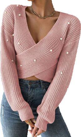Generic Elegant Pearl Studded Wrap Front V Neck Cropped Jumper Front Cross Short Knit Top for Women