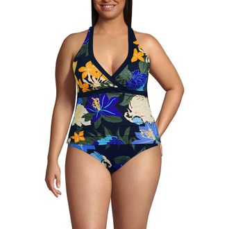 Lands End Plus Size V-Neck Halter Tankini Top in Navy Multi Floral Blooms at Nordstrom, Size 2 X