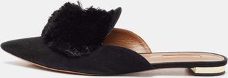 Aquazzura Black Suede Powder Puff Flat Sandals