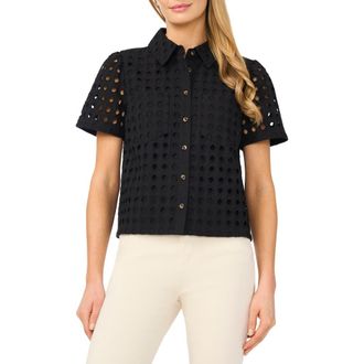 CeCe by Cynthia Steffe Cotton Eyelet Button-Up Shirt in Rich Black at Nordstrom, Size X-Small