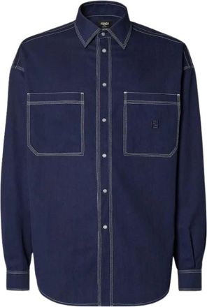 Fendi Katoenen overhemd met contrasterende stiksels - Heren - Casual Overhemden - Blauw - S - Katoen - Overhemden