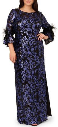 Adrianna Papell Sequin Embroidered Gown in Black/Blue at Nordstrom, Size 14W
