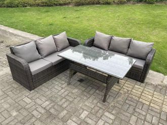 Fimous Dark Grey PE Rattan Garden Furniture Set Lounge Sofa 3 Seater Sofa Set Outdoor Rectangular Dining Table 6 Seater
