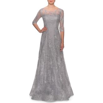 La Femme A-line Lace Sequin Gown with Sheer Scoop Neckline in Silver at Nordstrom, Size 18