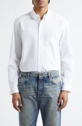 Balmain Cotton Poplin Button-Down Shirt in 0Fb Optical White at Nordstrom, Size 39
