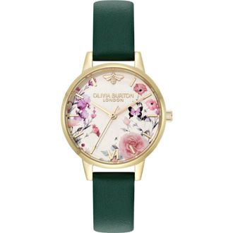 Olivia Burton Illustrated Floral Leather Strap Watch, 30mm in Ivory/green at Nordstrom