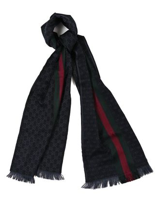 Gucci Wool Silk Gg Monogram Web Verbier Fringe Scarf (Authentic Pre-Loved)